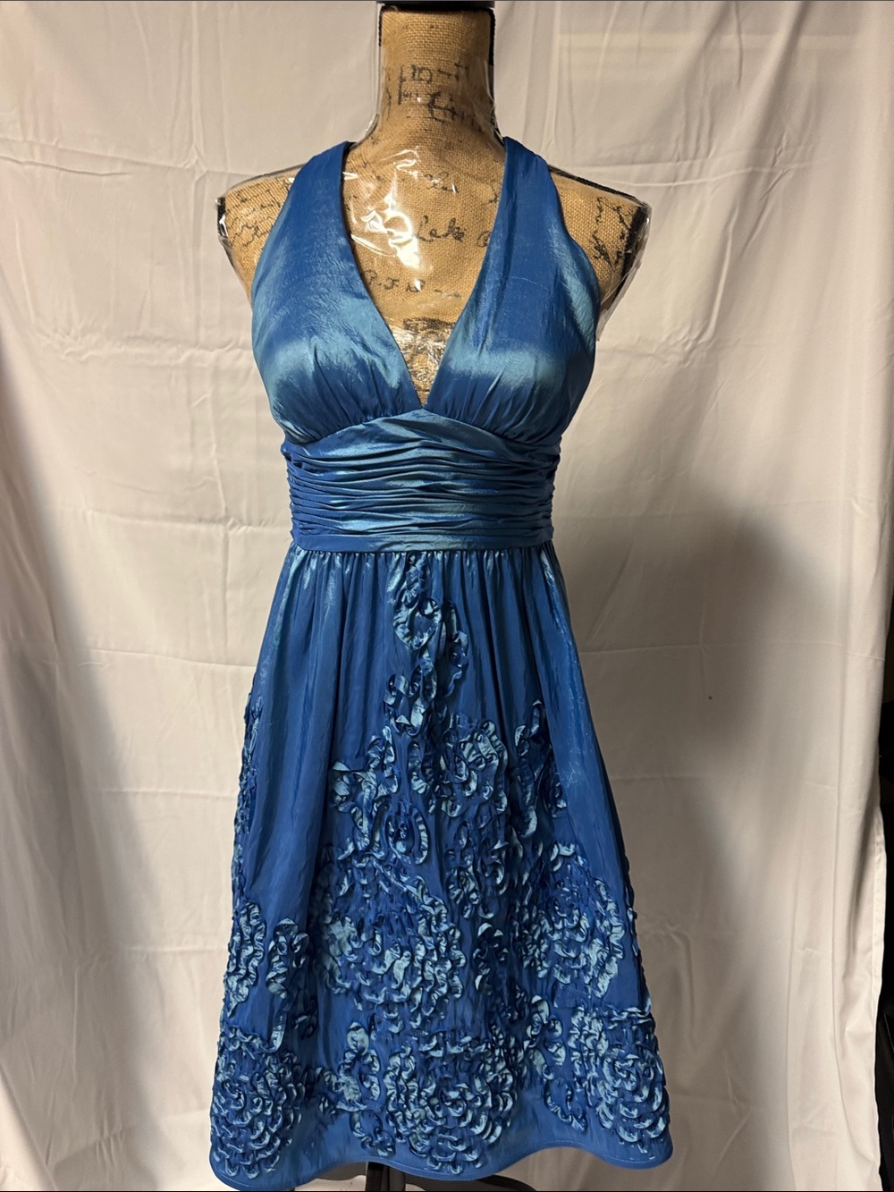 Adrianna Papell Blue One-Shoulder Cocktail Dress with Floral Appliqué